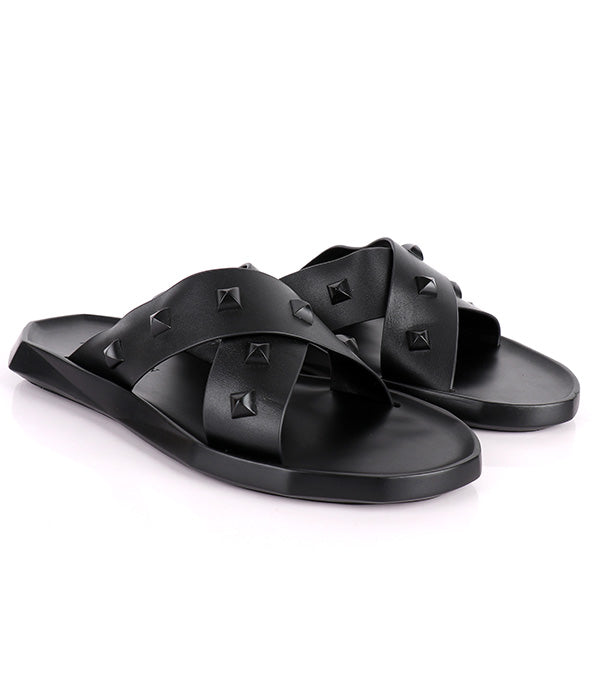 P.Plein Studded Crisscross Cover  Slides|Black