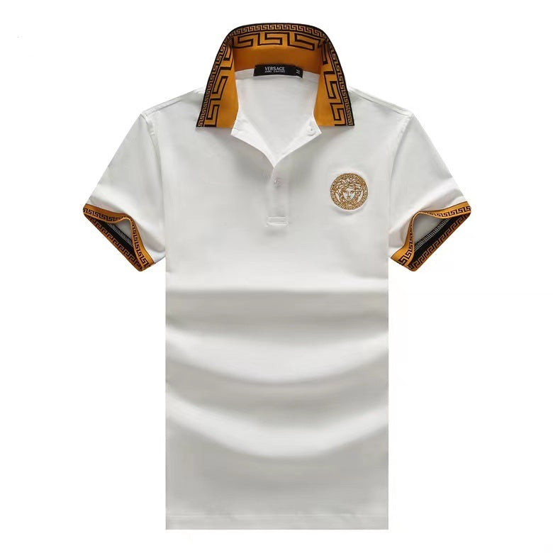 Medusa Gold Greca Collar Men's Polo Shirt-White