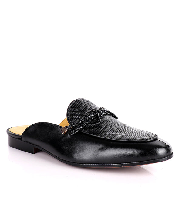 John Foster Dotted Bow Design Genuine Leather Mule|Black