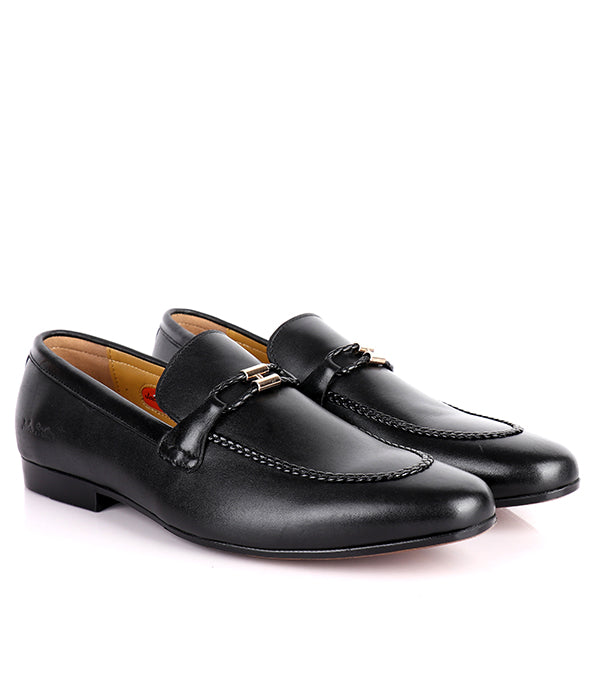 John Foster Plain Leather Horsebit Men's Slip-on Loafers|Black