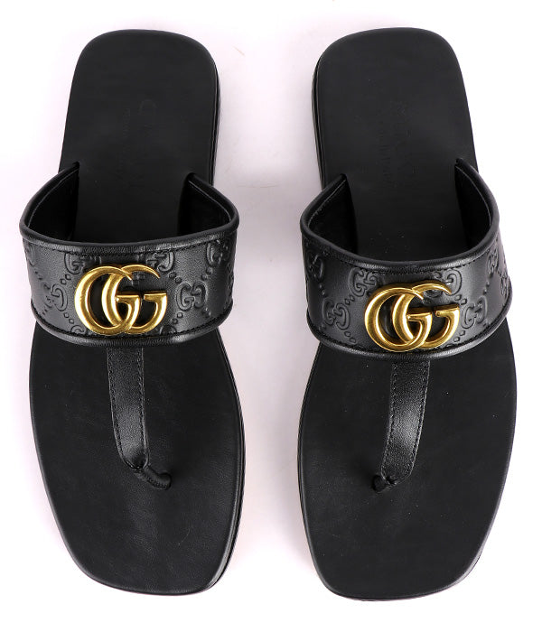 GG Gold Embossed Logo Thong Leather Slippers