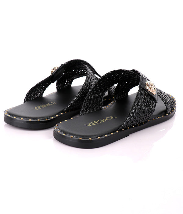 Medusa Twill Weave Men's-Stone Embellished Crisscross Slides|Black