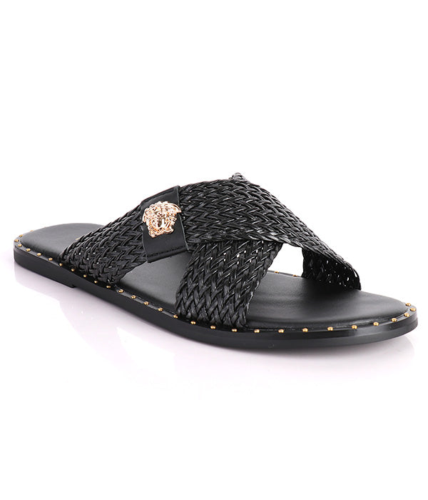 Medusa Twill Weave Men's-Stone Embellished Crisscross Slides|Black