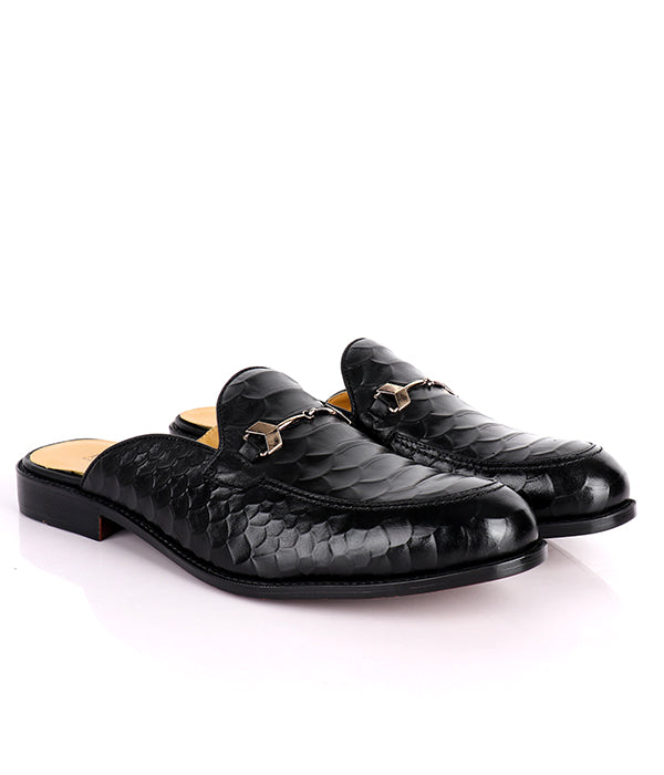 John Foster Croc Horsebit Mules|Black