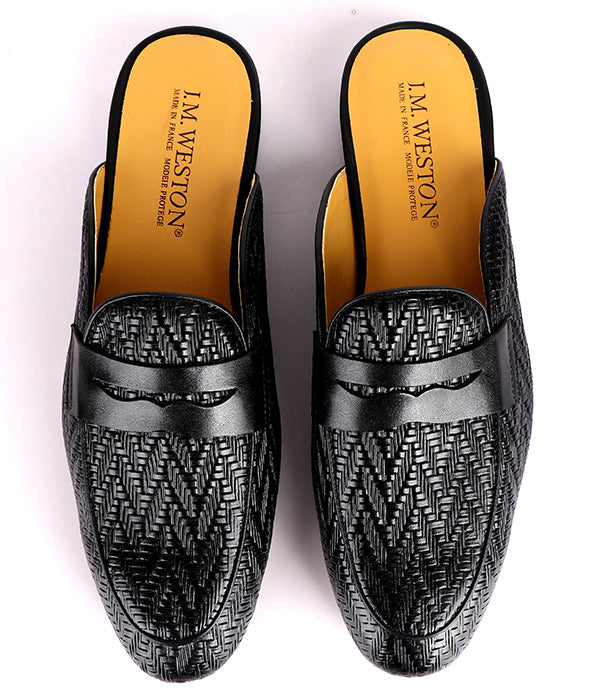 John Foster Patterned Leather Penny Mules|Black
