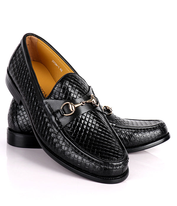 John Weston  Woven Horsebit Leather Men's Shoes|Black