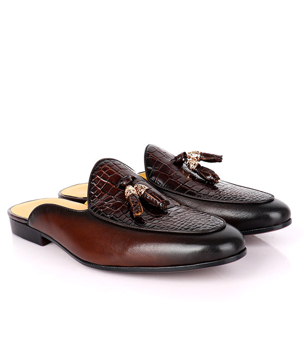 John Foster Croc Design Leather Tassel Men's Mules|Brown