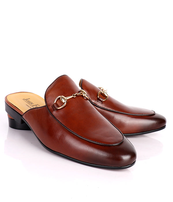 John Foster Plain Genuine Leather Horsebit Mules|Brown