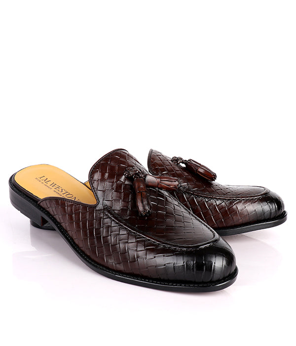 John Foster Woven Tassel Leather Mules|Coffee