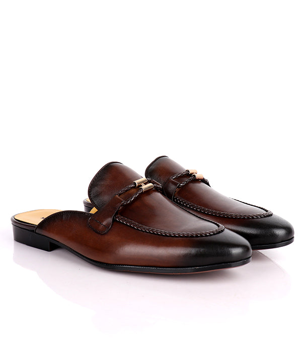 John Foster Genuine Leather Horsebit Mules-Brown