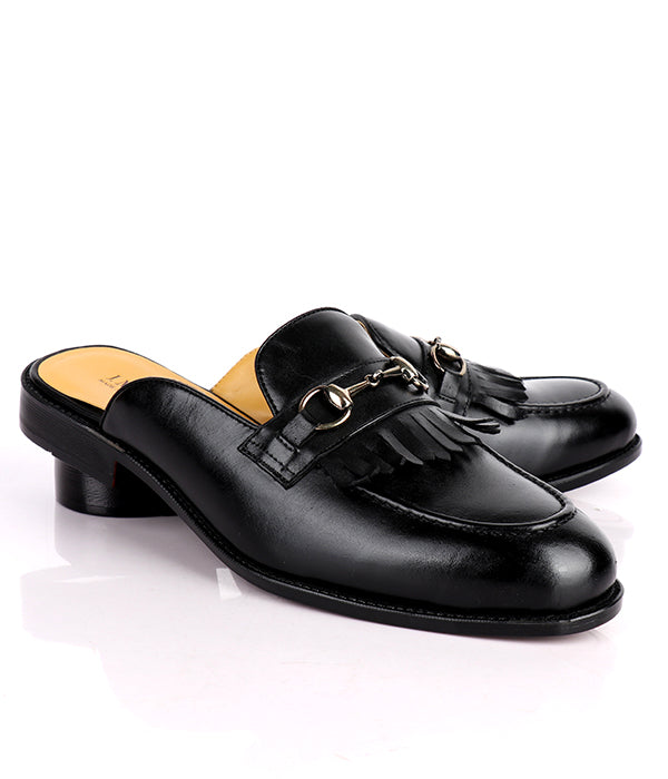 John Foster Kiltie Horsebit Black Calfskin Men's Mules