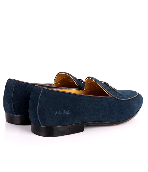 John Foster Bow Design Suede Loafers | Navy Blue