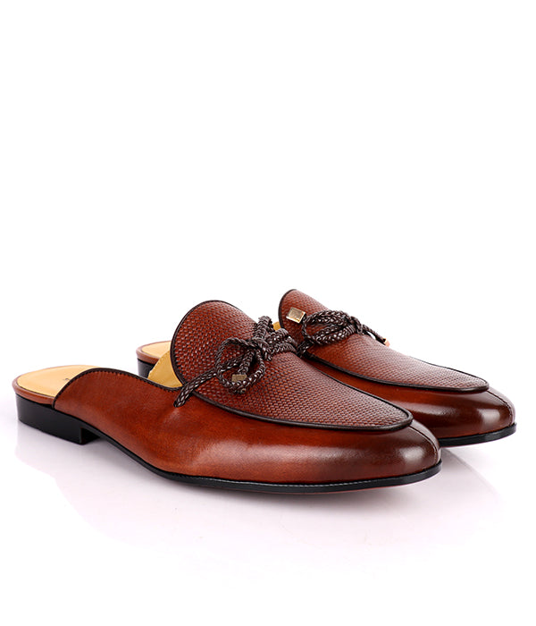 John Foster Dotted Bow Design Genuine Leather Mule|Brown