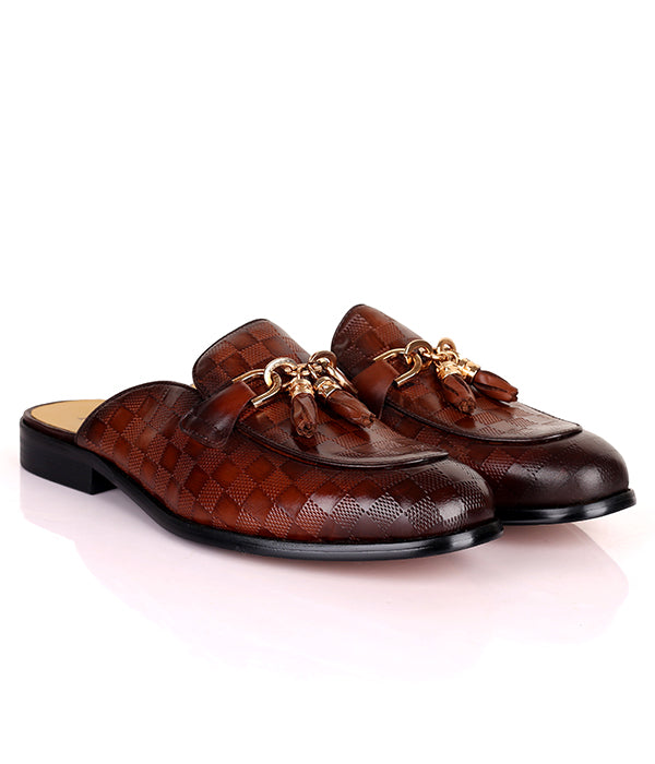 John Foster Square Pattern Tassel Horsebit Mules|Brown