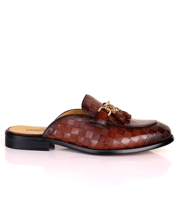 John Foster Square Pattern Tassel Horsebit Mules|Brown