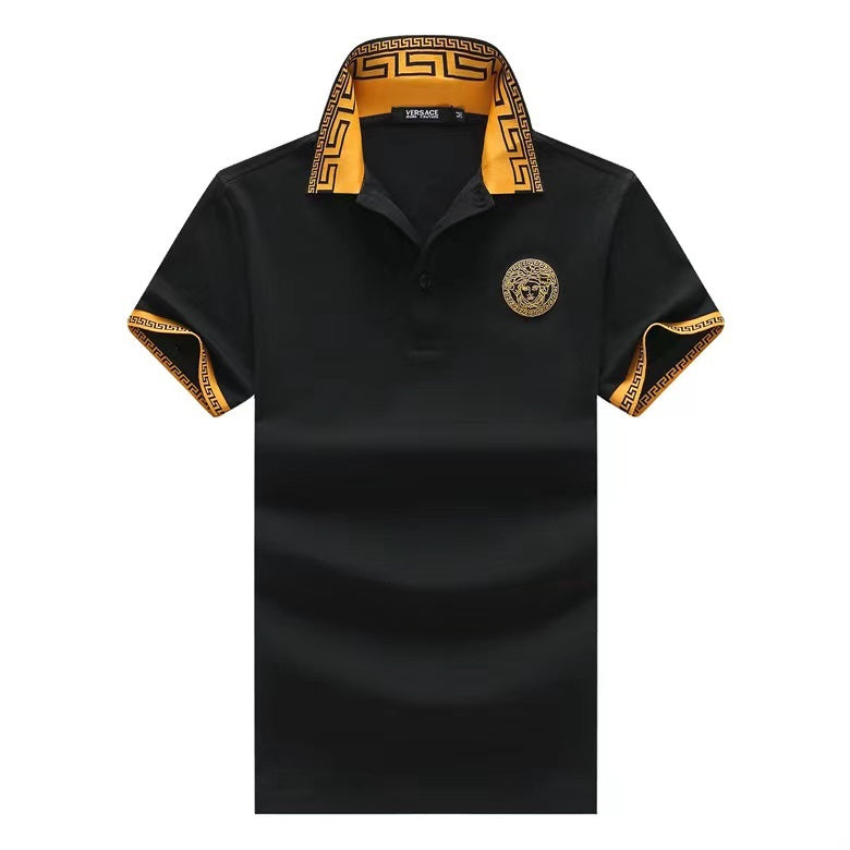 Medusa Greca Collar Men's Cotton Polo Shirt-Black