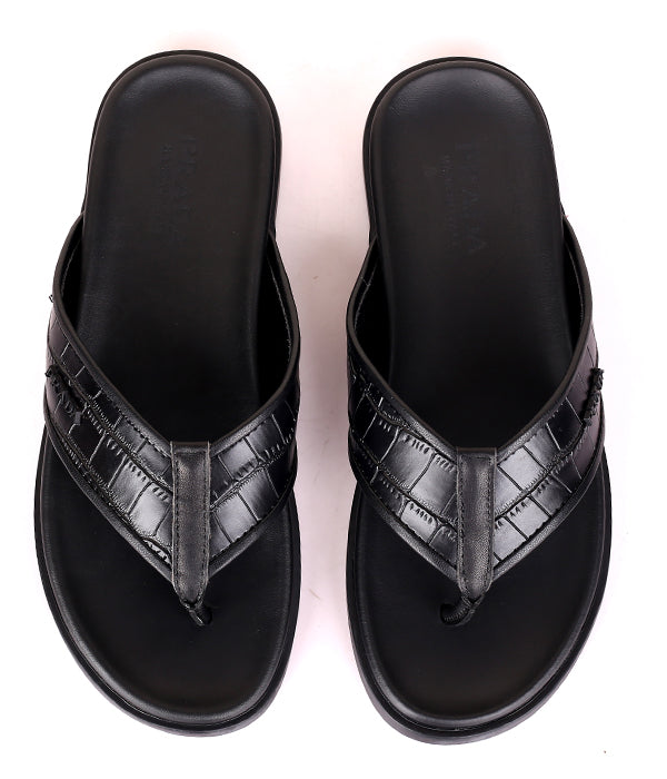 P Croc Design Thong Slipper|Black