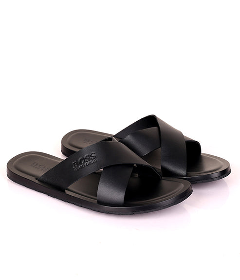 Hugo Boss Plain Cross Cover Slides |Black – Ajebomarket