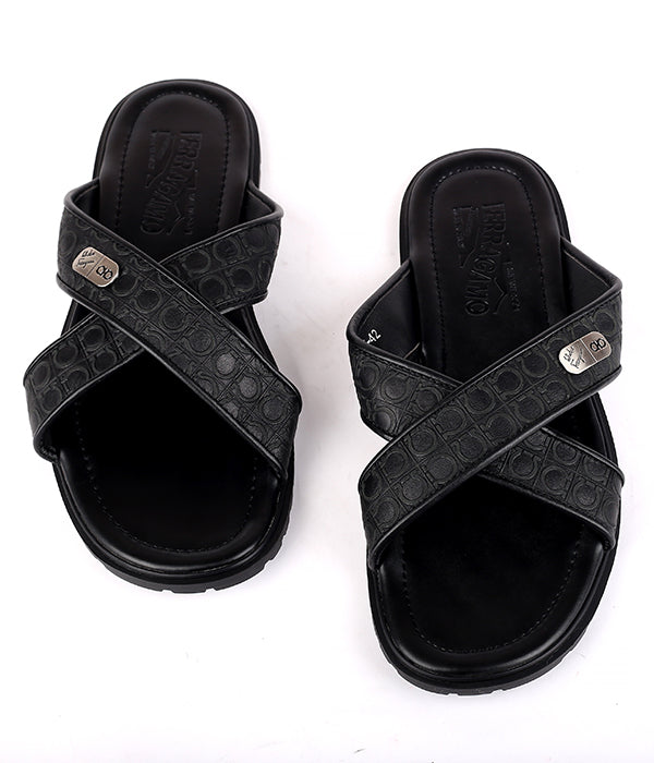 S F crisscross embossed slippers | Black